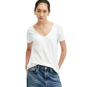 ALLSAINTS Women Large Emelyn‎ V-Neck Tonic T-Shirt - Chalk White Cotton Raw Hem
